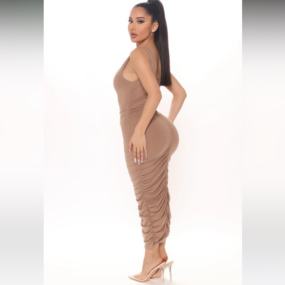 Fashion Nova Chasing Desire Ruched Midi Dress - Taupe - Picture 4 of 12